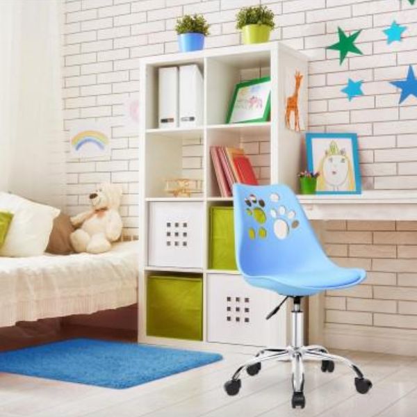 Scaun de Birou, Pivotant si Rotativ, cu 5 Roti din Cauciuc, Perna din Piele Ecologica si Sezut din PP, Cadru Metalic, 50 x 57 x 94 cm, Albastru
