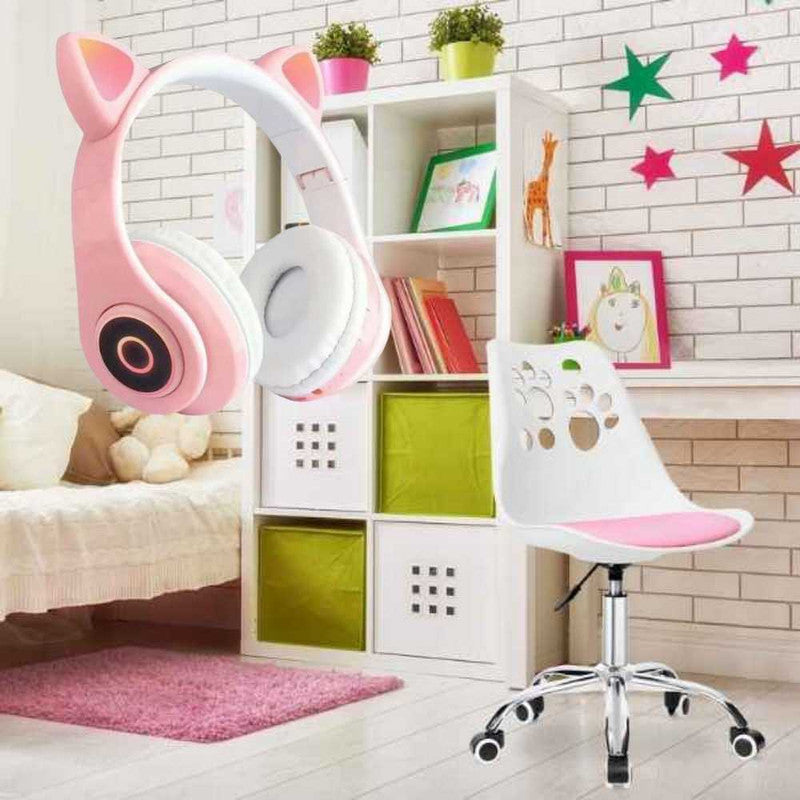 Scaun de Birou cu 5 Roti din Cauciuc, Perna din Piele Ecologica si Sezut din PP, Cadru Aluminiu, 50 x 60 x 89 cm, Roz si Casti Wireless cu LED si Slot Card, Model Urechi Pisica, Roz