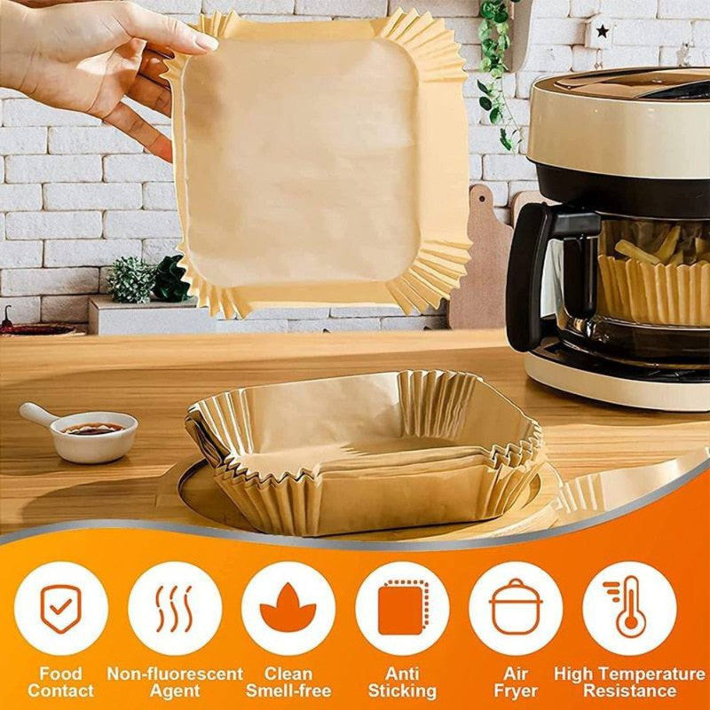 Set 100 Hartii de copt sau prajit pentru Airfryer, Forma patrat, in suport de plastic cu capac, 20 x 20 cm