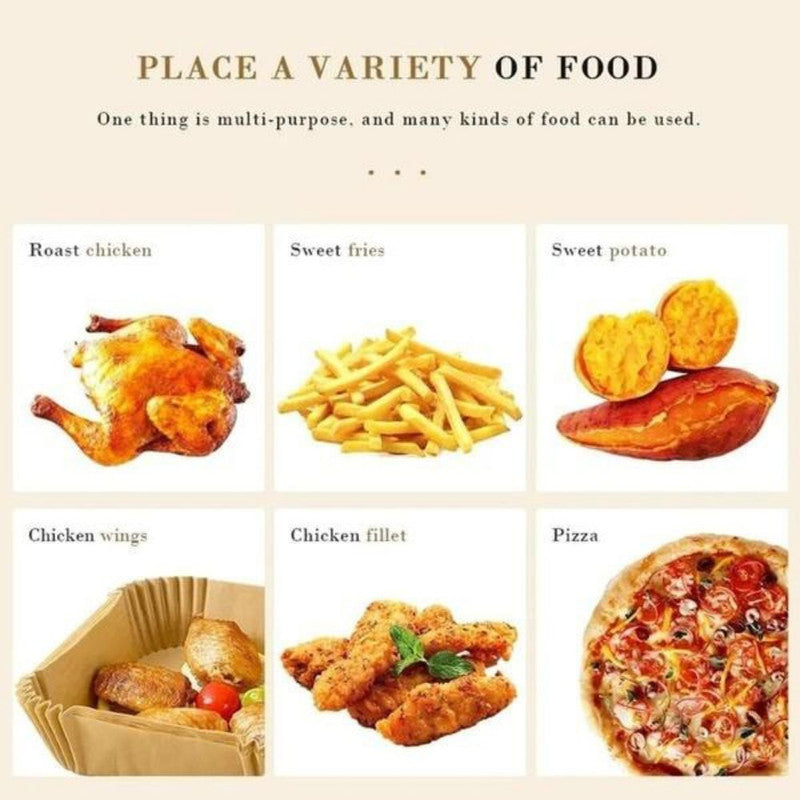 Set 100 Hartii de copt sau prajit pentru Airfryer, Forma patrat, in suport de plastic cu capac, 20 x 20 cm