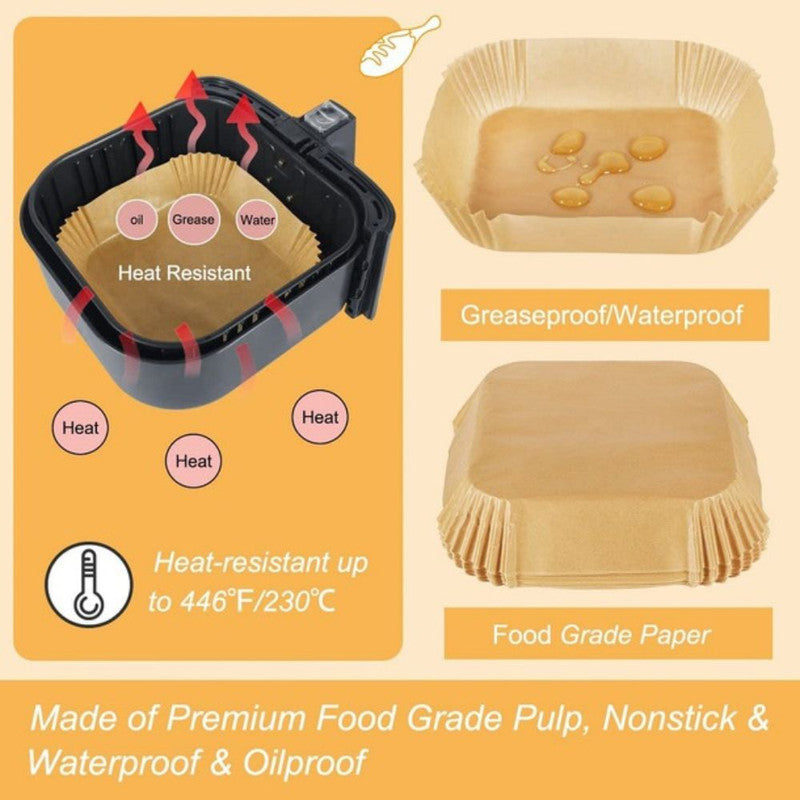 Set 100 Hartii de copt sau prajit pentru Airfryer, Forma patrat, in suport de plastic cu capac, 20 x 20 cm