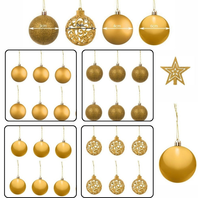 Set 101 Globuri Aurii pentru bradul de Craciun, Diametre Globuri: 6/4/3 cm