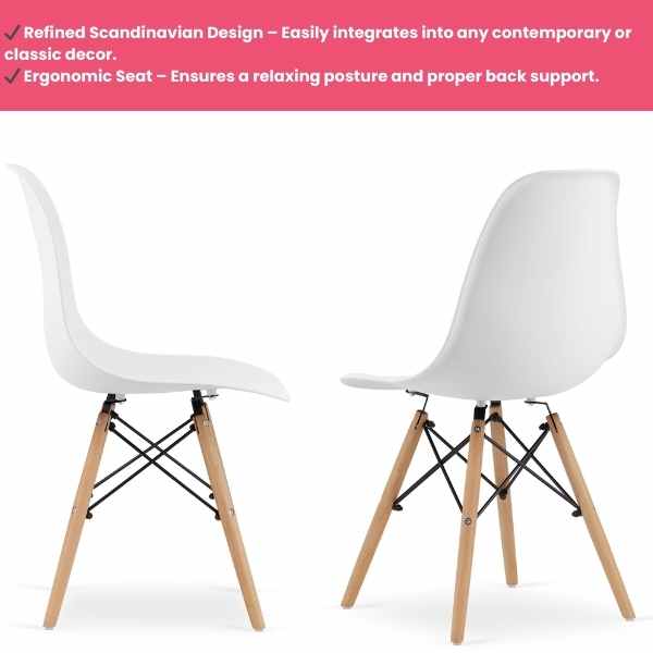 Set 2 Scaune Acerenza, Stil Scandinav cu Picioare din Lemn de Fag, Cadru Metalic, Sezut PP, Maxim 100 Kg, 40 x 50 x 77 cm, Alb