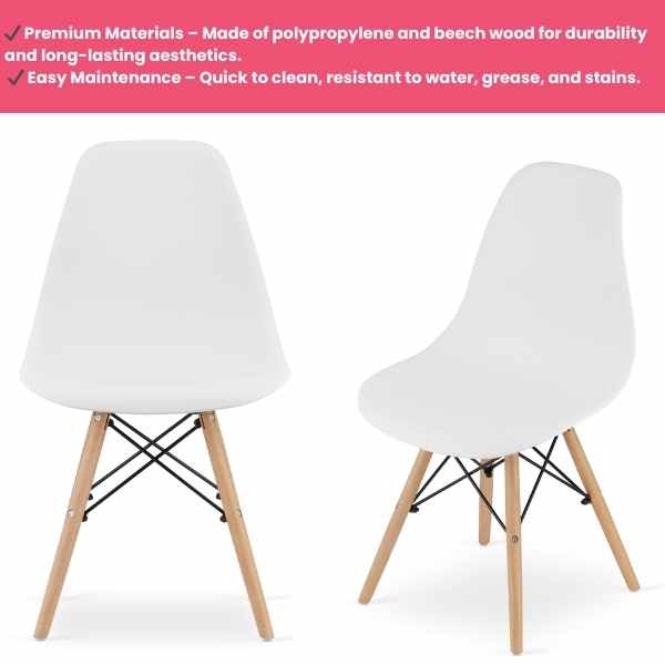 Set 2 Scaune Acerenza, Stil Scandinav cu Picioare din Lemn de Fag, Cadru Metalic, Sezut PP, Maxim 100 Kg, 40 x 50 x 77 cm, Alb