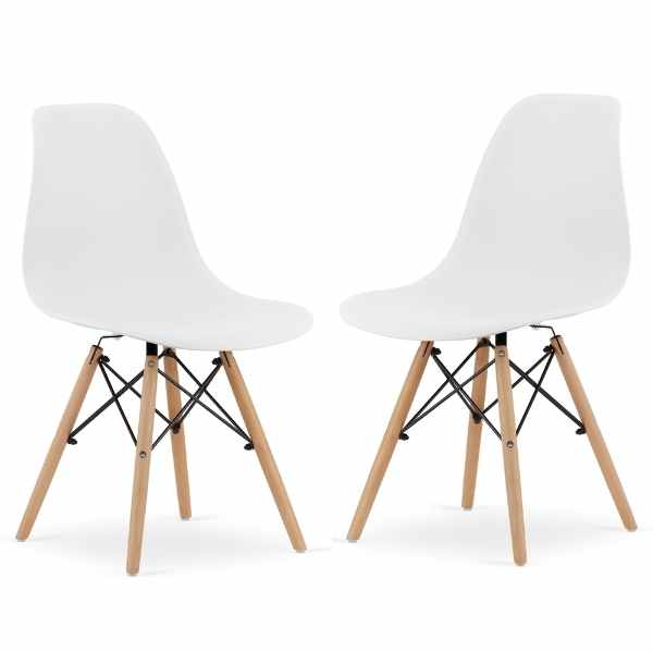 Set 2 Scaune Acerenza, Stil Scandinav cu Picioare din Lemn de Fag, Cadru Metalic, Sezut PP, Maxim 100 Kg, 40 x 50 x 77 cm, Alb