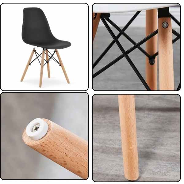 Set 2 Scaune Acerenza, Stil Scandinav cu Picioare din Lemn de Fag, Cadru Metalic, Sezut PP, Maxim 100 Kg, 40 x 50 x 77 cm, Negru