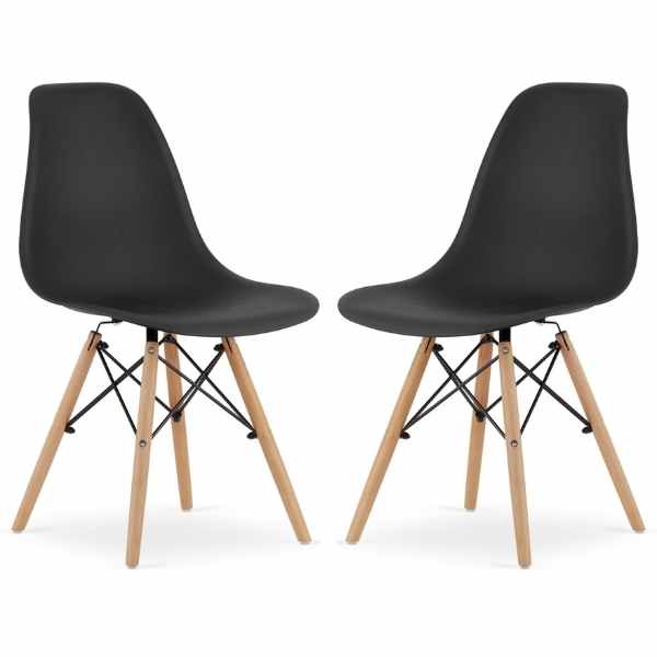 Set 2 Scaune Acerenza, Stil Scandinav cu Picioare din Lemn de Fag, Cadru Metalic, Sezut PP, Maxim 100 Kg, 40 x 50 x 77 cm, Negru
