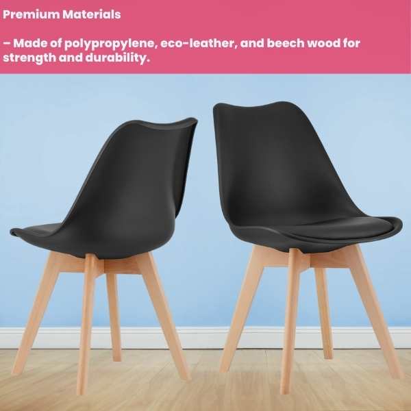 Set 2 Scaune Mercaton Grosseto, Stil Scandinav cu Picioare din Lemn, Sezut din PP si Perna din Piele Ecologica, Maxim 120 Kg, 49 x 45 x 82 cm, Negru