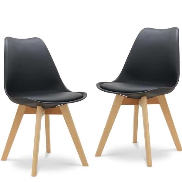 Set 2 Scaune Mercaton Grosseto, Stil Scandinav cu Picioare din Lemn, Sezut din PP si Perna din Piele Ecologica, Maxim 120 Kg, 49 x 45 x 82 cm, Negru