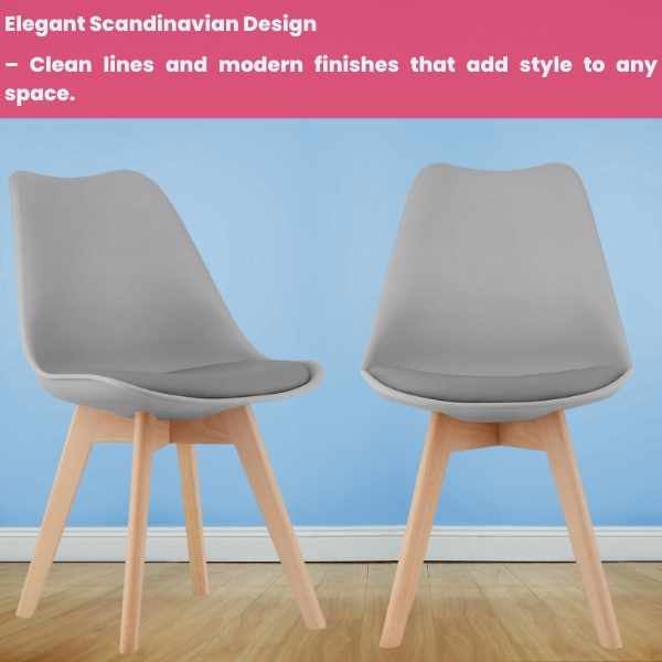Set 2 Scaune Mercaton Grosseto, Stil Scandinav cu Picioare din Lemn, Sezut din PP si Perna din Piele Ecologica, Maxim 120 Kg, 49 x 45 x 82 cm, Gri Deschis