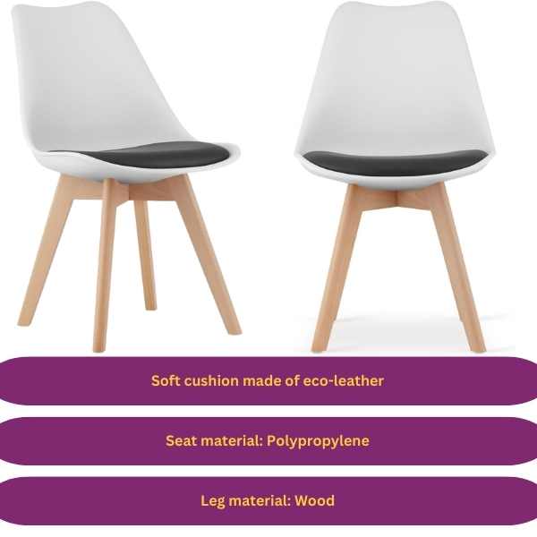 Set 4 Scaune Stil Scandinav, cu Picioare din Lemn de Fag, Sezut din PP si Perna din Piele Ecologica, 49 x 43 x 82 cm, Alb