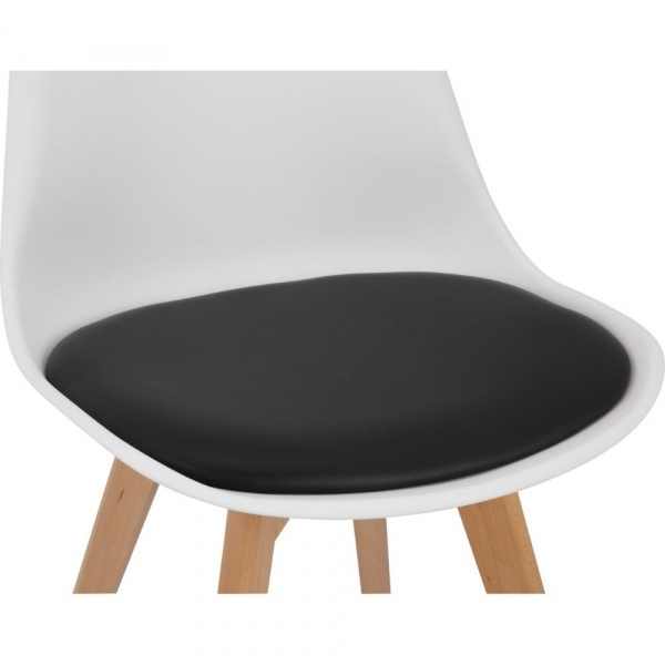 Set 4 Scaune Stil Scandinav, cu Picioare din Lemn de Fag, Sezut din PP si Perna din Piele Ecologica, 49 x 43 x 82 cm, Alb