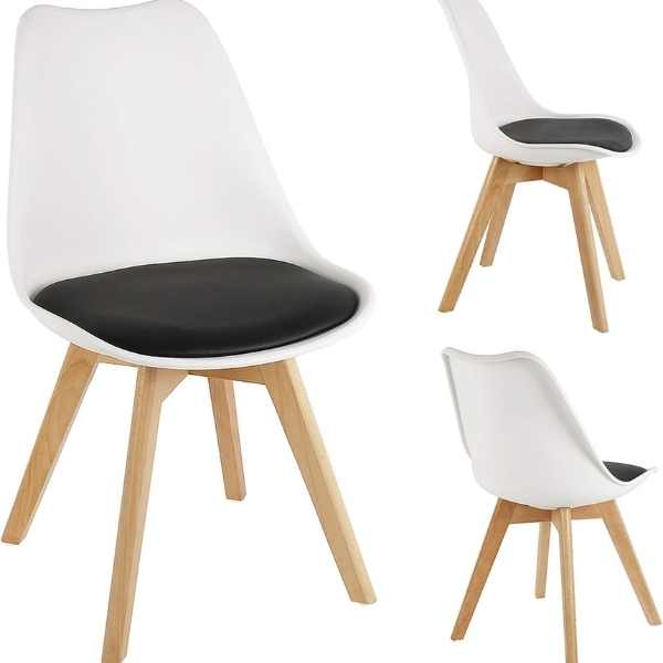 Set 2 Scaune Stil Scandinav, cu Picioare din Lemn de Fag, Sezut din PP si Perna din Piele Ecologica, 49 x 43 x 82 cm, Alb cu Negru
