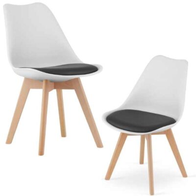 Set 2 Scaune Stil Scandinav, cu Picioare din Lemn de Fag, Sezut din PP si Perna din Piele Ecologica, 49 x 43 x 82 cm, Alb cu Negru