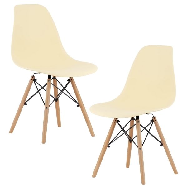Set 2 Scaune, Stil Scandinav cu Picioare din Lemn de Fag, Sezut PP, 46 x 54 x 81 cm, Crem