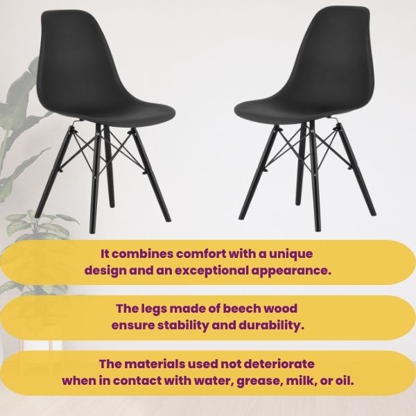 Set 2 Scaune, Stil Scandinav cu Picioare din Lemn de Fag, Sezut PP, 46 x 54 x 81 cm, Negru