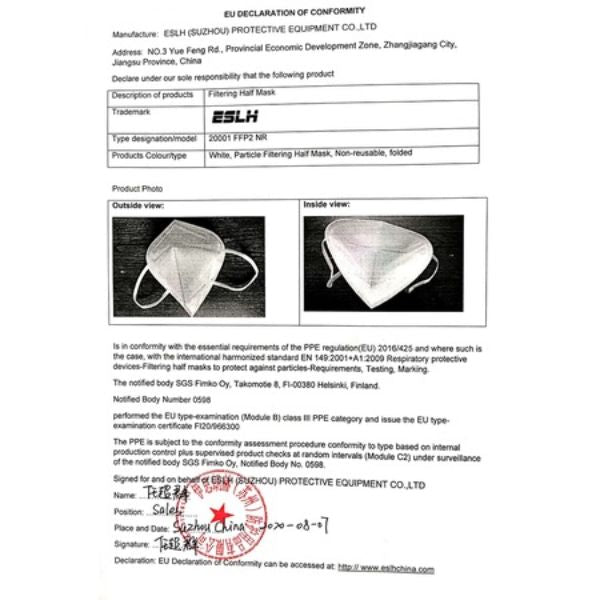 Set 20 buc Masca de protectie KN95 cu 5 straturi CE0598, FFP2, certificate CE, Alb