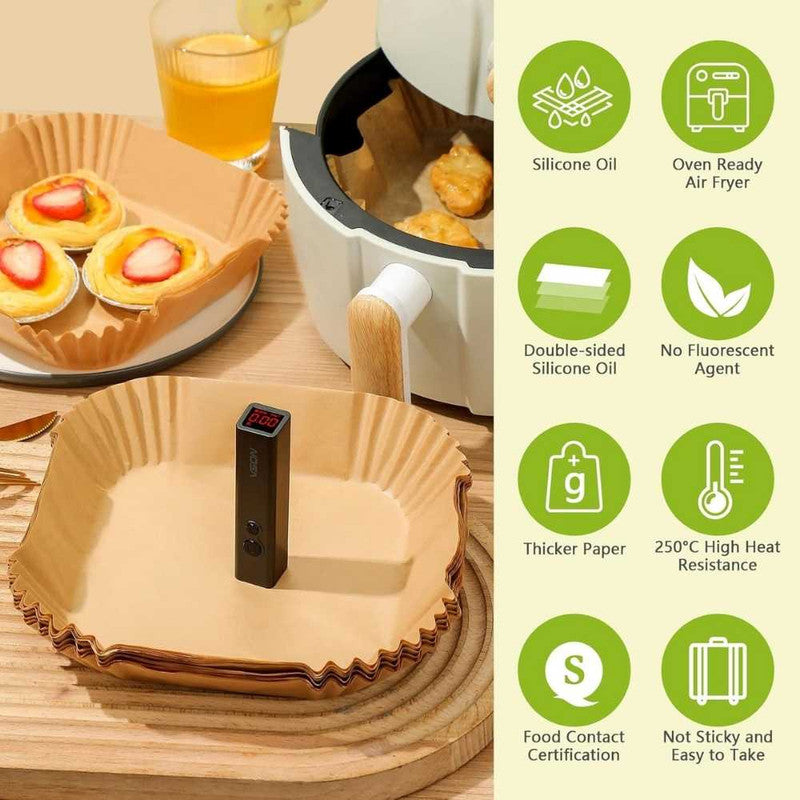 Set 200 Hartii de copt sau prajit pentru Airfryer, Forma patrat, in suport de plastic cu capac, 20 x 20 cm