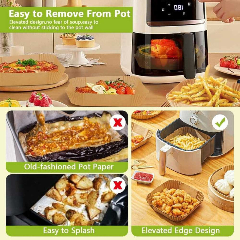 Set 200 Hartii de copt sau prajit pentru Airfryer, Forma patrat, in suport de plastic cu capac, 20 x 20 cm
