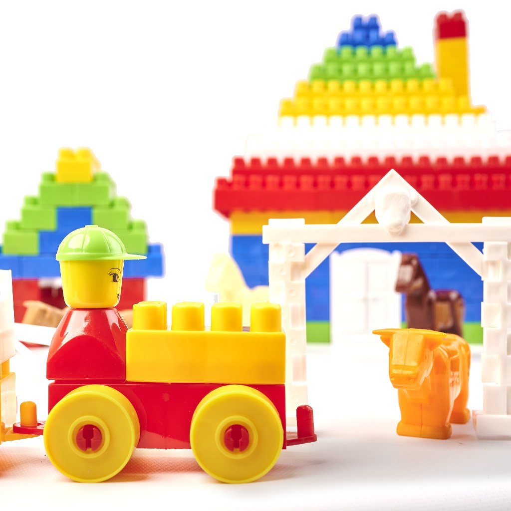 Set 292 piese,  cuburi de constructie din plastic pentru copii, Ferma, 24 x 66 cm