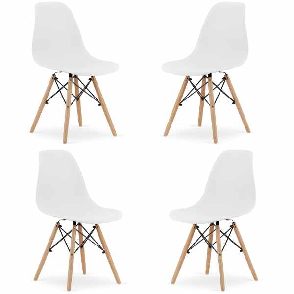 Set 4 Scaune Acerenza, Stil Scandinav cu Picioare din Lemn de Fag, Cadru Metalic, Sezut PP, Maxim 100 Kg, 40 x 50 x 77 cm, Alb