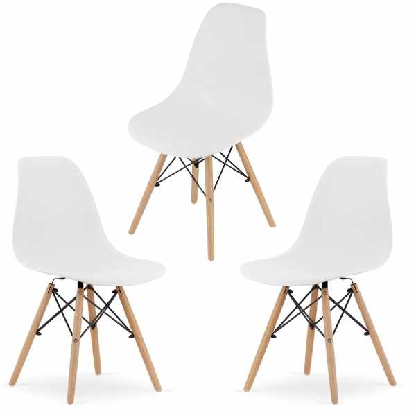 Set 3 Scaune Acerenza, Stil Scandinav cu Picioare din Lemn de Fag, Cadru Metalic, Sezut PP, Maxim 100 Kg, 40 x 50 x 77 cm, Alb
