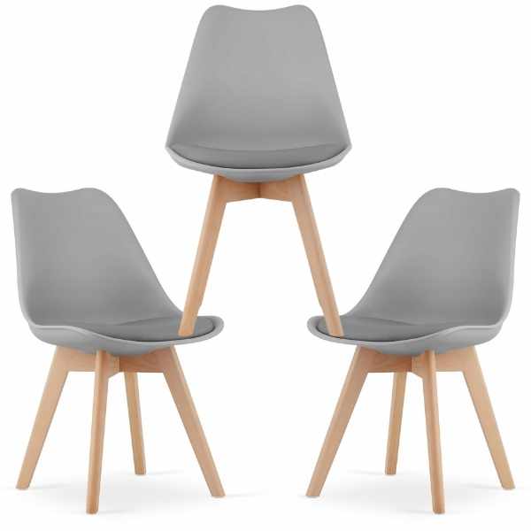 Set 3 Scaune Mercaton Grosseto, Stil Scandinav cu Picioare din Lemn, Sezut din PP si Perna din Piele Ecologica, Maxim 120 Kg, 49 x 45 x 82 cm, Gri Deschis