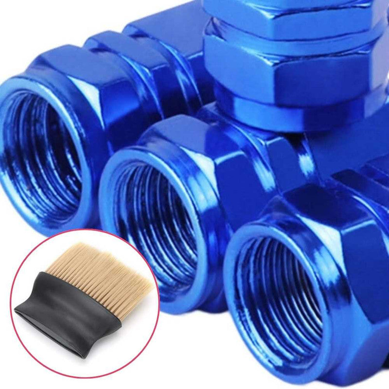 Set 4 Capace Hexagonale pentru Valve Auto, din Aluminiu, 1.8 cm, Albastru si Perie SoftTouch cu Fire din Nylon si Manger Ergonomic