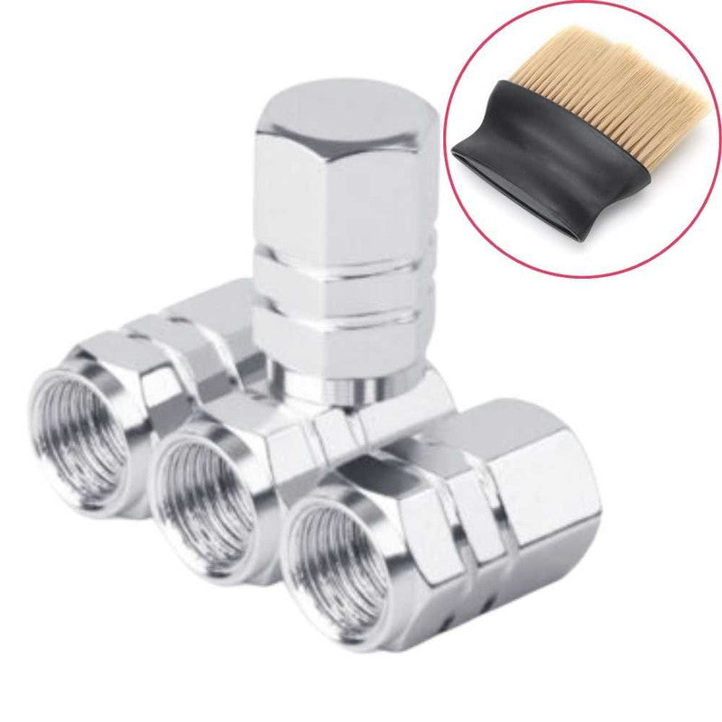 Set 4 Capace Hexagonale pentru Valve Auto, din Aluminiu, 1.8 cm, Argintiu si Perie SoftTouch cu Fire din Nylon si Manger Ergonomic