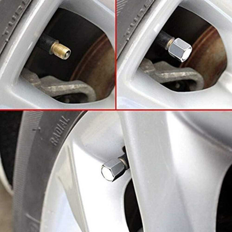 Set 4 Capace Hexagonale pentru Valve Auto, din Aluminiu, 1.8 cm, Argintiu si Perie SoftTouch cu Fire din Nylon si Manger Ergonomic