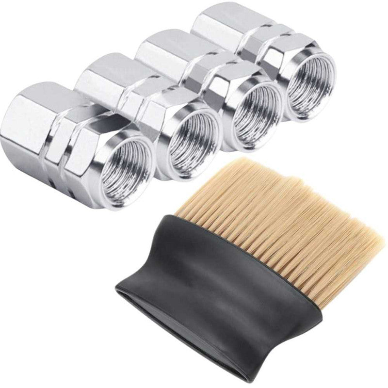 Set 4 Capace Hexagonale pentru Valve Auto, din Aluminiu, 1.8 cm, Argintiu si Perie SoftTouch cu Fire din Nylon si Manger Ergonomic