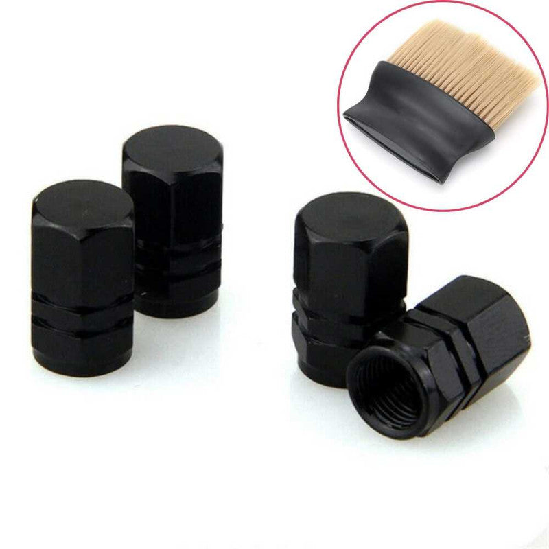 Set 4 Capace Hexagonale pentru Valve Auto, din Aluminiu, 1.8 cm, Negru si Perie SoftTouch cu Fire din Nylon si Manger Ergonomic