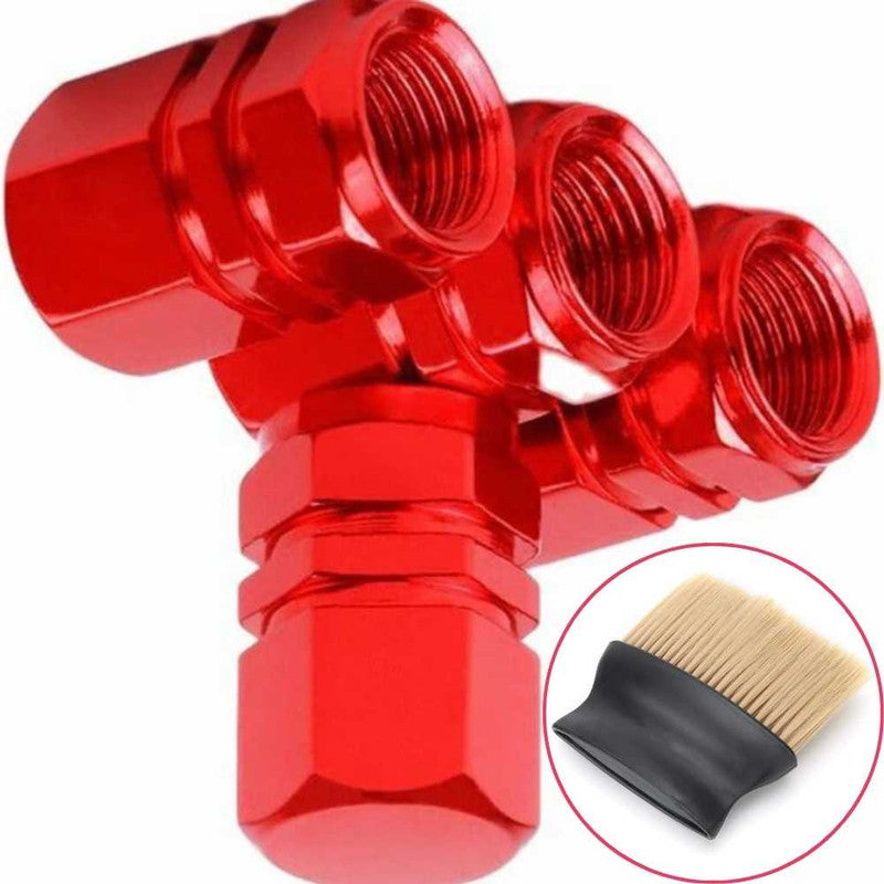 Set 4 Capace Hexagonale pentru Valve Auto, din Aluminiu, 1.8 cm, Rosu si Perie SoftTouch cu Fire din Nylon si Manger Ergonomic
