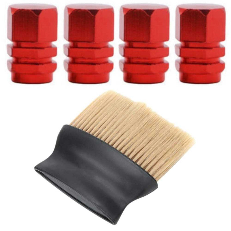 Set 4 Capace Hexagonale pentru Valve Auto, din Aluminiu, 1.8 cm, Rosu si Perie SoftTouch cu Fire din Nylon si Manger Ergonomic