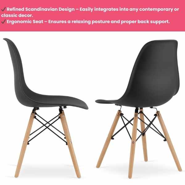 Set 4 Scaune Acerenza, Stil Scandinav cu Picioare din Lemn de Fag, Cadru Metalic, Sezut PP, Maxim 100 Kg, 40 x 50 x 77 cm, Negru