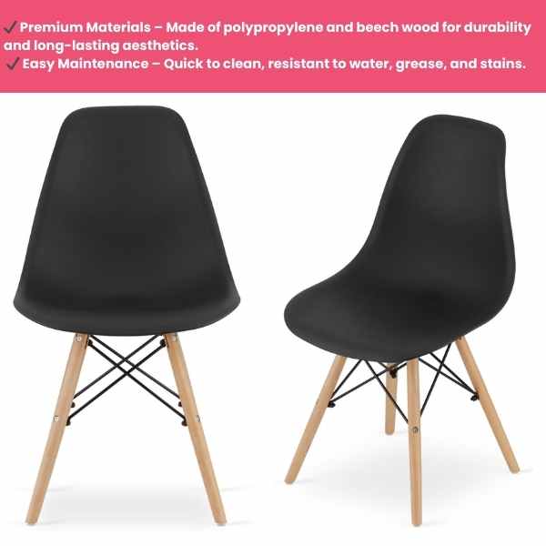 Set 4 Scaune Acerenza, Stil Scandinav cu Picioare din Lemn de Fag, Cadru Metalic, Sezut PP, Maxim 100 Kg, 40 x 50 x 77 cm, Negru