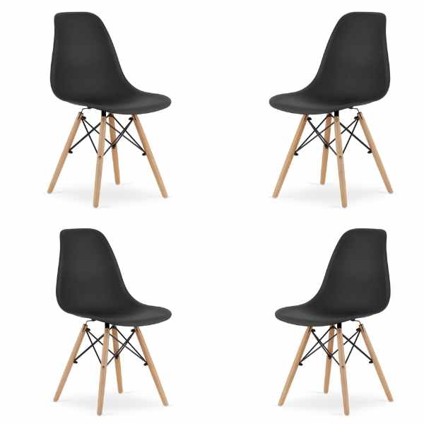 Set 4 Scaune Acerenza, Stil Scandinav cu Picioare din Lemn de Fag, Cadru Metalic, Sezut PP, Maxim 100 Kg, 40 x 50 x 77 cm, Negru