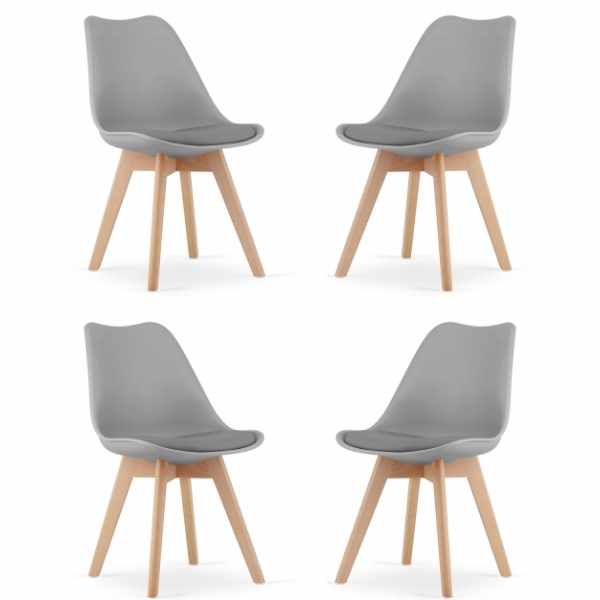 Set 4 Scaune Mercaton Grosseto, Stil Scandinav cu Picioare din Lemn, Sezut din PP si Perna din Piele Ecologica, Maxim 120 Kg, 49 x 45 x 82 cm, Gri Deschis