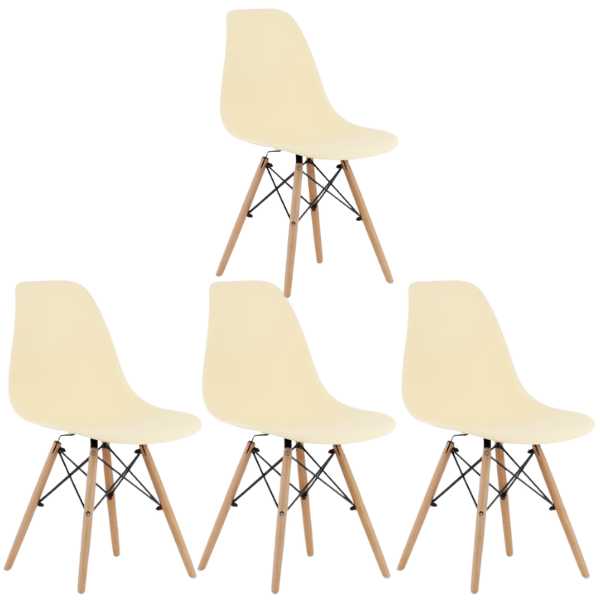 Set 4 Scaune Stil Scandinav cu Picioare din Lemn de Fag, Sezut PP, 46 x 54 x 81 cm, Crem