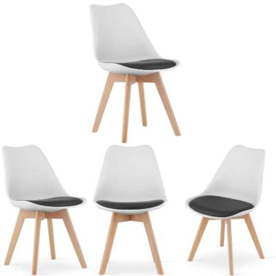 Set 4 Scaune Stil Scandinav, cu Picioare din Lemn de Fag, Sezut din PP si Perna din Piele Ecologica, 49 x 43 x 82 cm, Alb