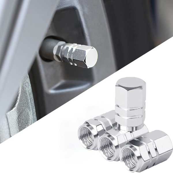 Set 12 Capace Hexagonale pentru Valva Auto, Aliaj Aluminiu, Lungime 1.8 cm, Argintiu