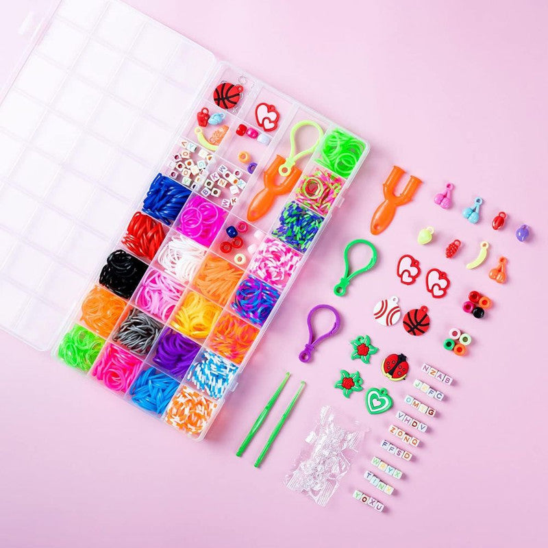 Set creativ pentru copii, 1600 piese, benzi de cauciuc, croșetate si elemente decorative pentru creare bratari si bijuterii colorate, 14 x 25 x 2 cm, Ani 8+, Multicolor