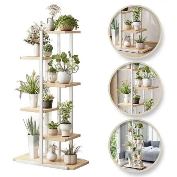 Suport Decorativ pentru Flori, Mercaton, 6 Rafturi din Placi Laminte, Cadru Metalic,  113x60x20 cm, Alb cu Maro