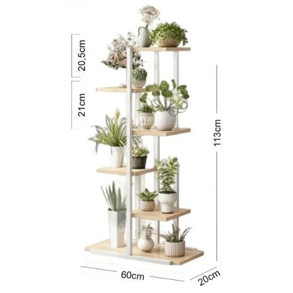 Suport Decorativ pentru Flori, Mercaton, 6 Rafturi din Placi Laminte, Cadru Metalic,  113x60x20 cm, Alb cu Maro
