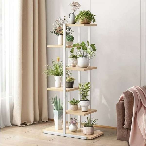 Suport Decorativ pentru Flori, Mercaton, 6 Rafturi din Placi Laminte, Cadru Metalic,  113x60x20 cm, Alb cu Maro