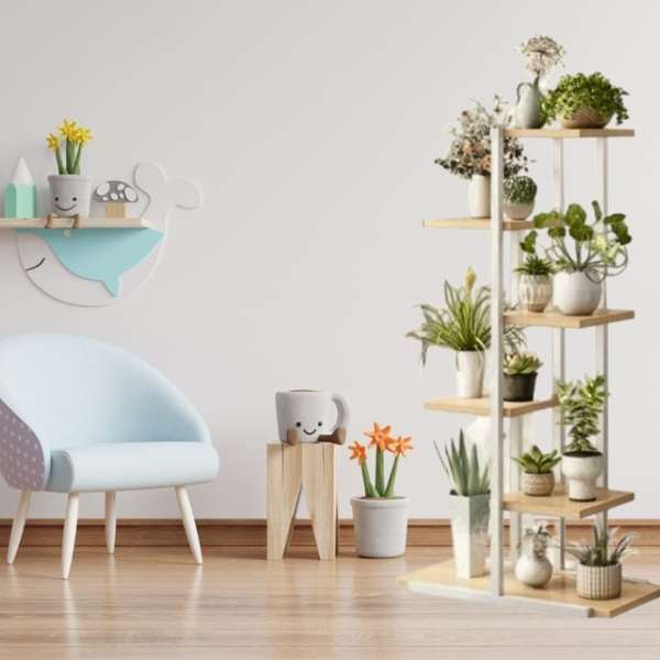 Suport Decorativ pentru Flori, Mercaton, 6 Rafturi din Placi Laminte, Cadru Metalic,  113x60x20 cm, Alb cu Maro
