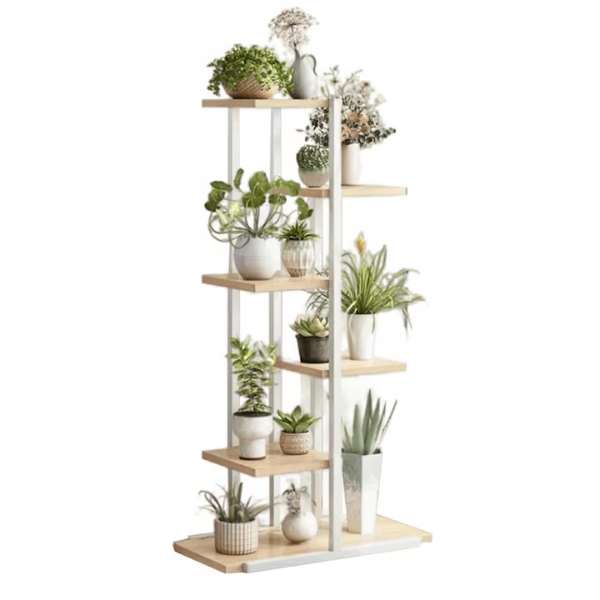 Suport Decorativ pentru Flori, Mercaton, 6 Rafturi din Placi Laminte, Cadru Metalic,  113x60x20 cm, Alb cu Maro